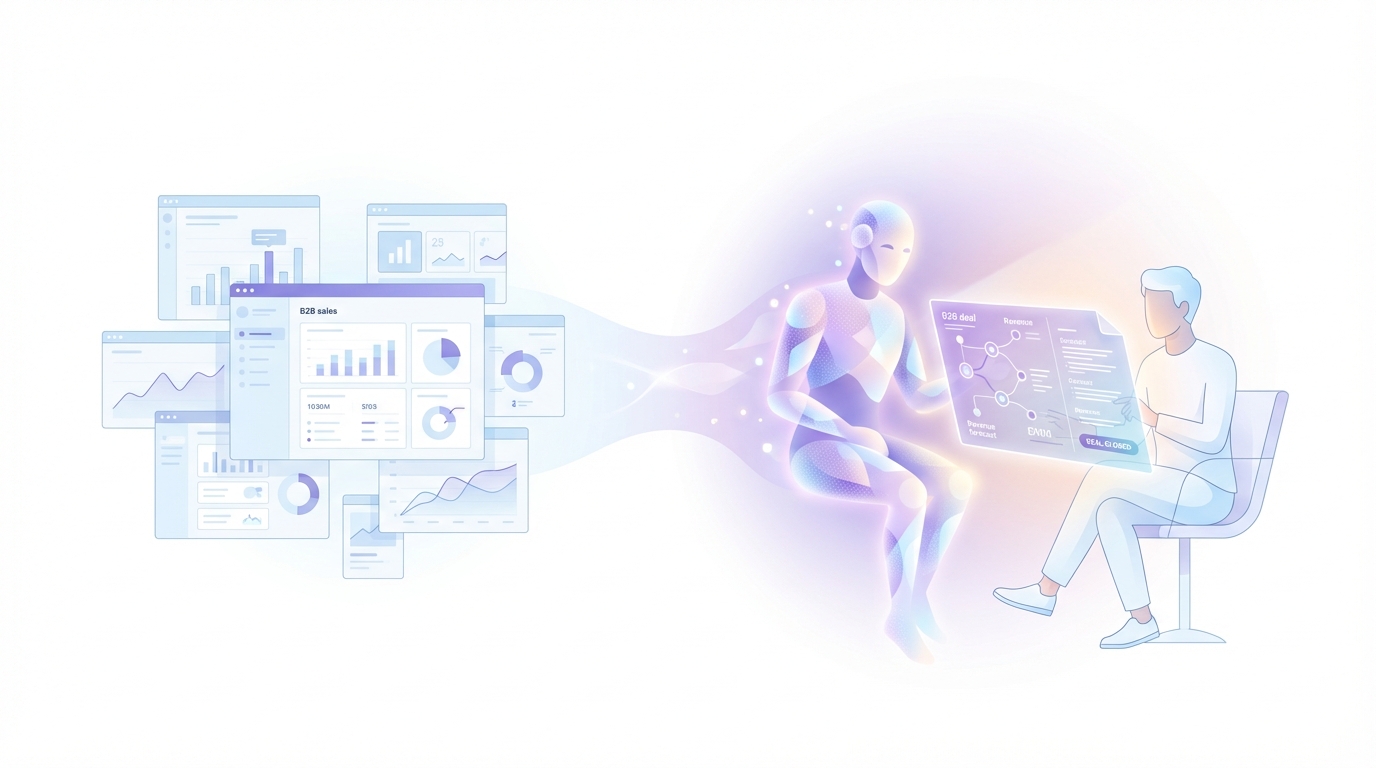 Disconnected sales dashboards on the left represent AI tools, while a glowing AI figure collaborating alongside a human professional on the right represents an AI co-worker