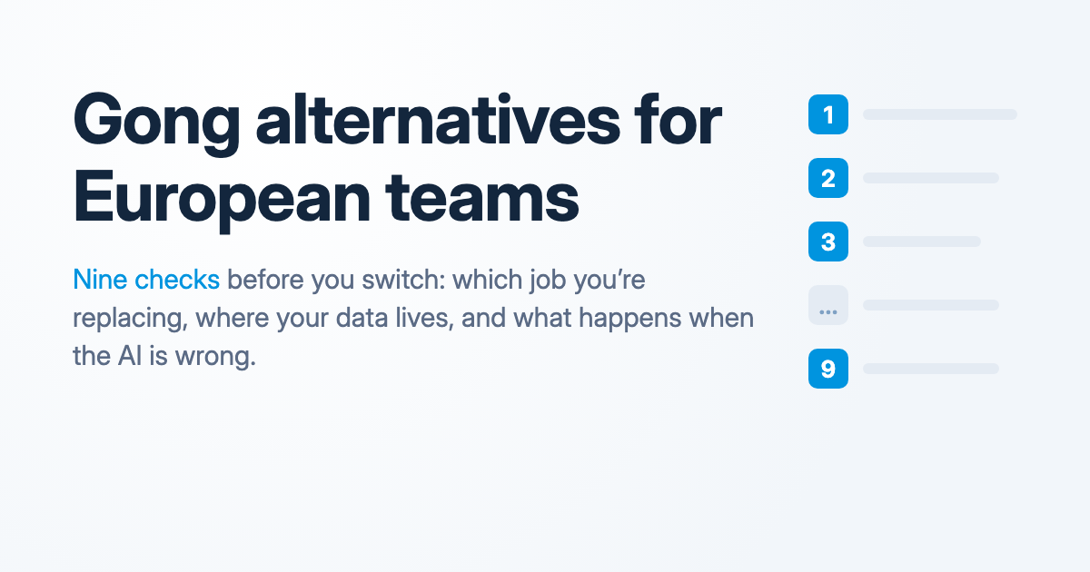 Gong alternatives for European teams: nine checks before you switch, shown as a numbered checklist.